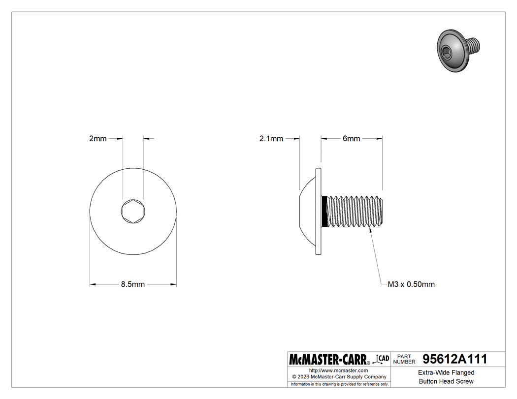 Technical Drawing of Extra-Wide Flanged Button Head Screw, 316 Stainless Steel, M3 x 0.5 mm Thread Size, 6 mm Long.